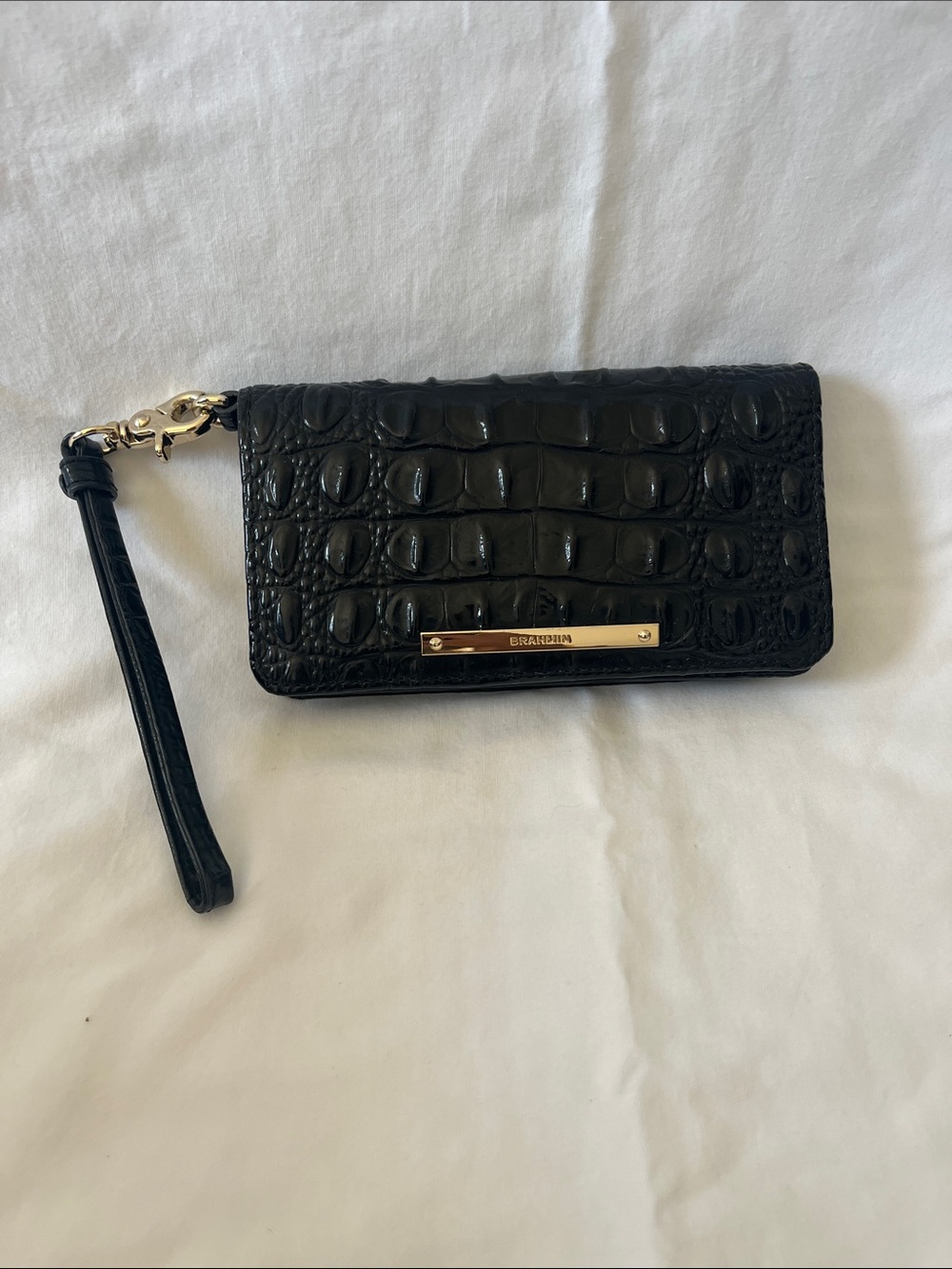 Brahmin Black Croc-Embossed Leather Wristlet with Gold Plate
